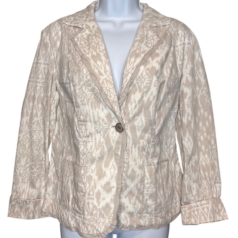 Coldwater Creek Womens Beige Cream Blazer Jacket Ikat Floral Sz 12 Single Button